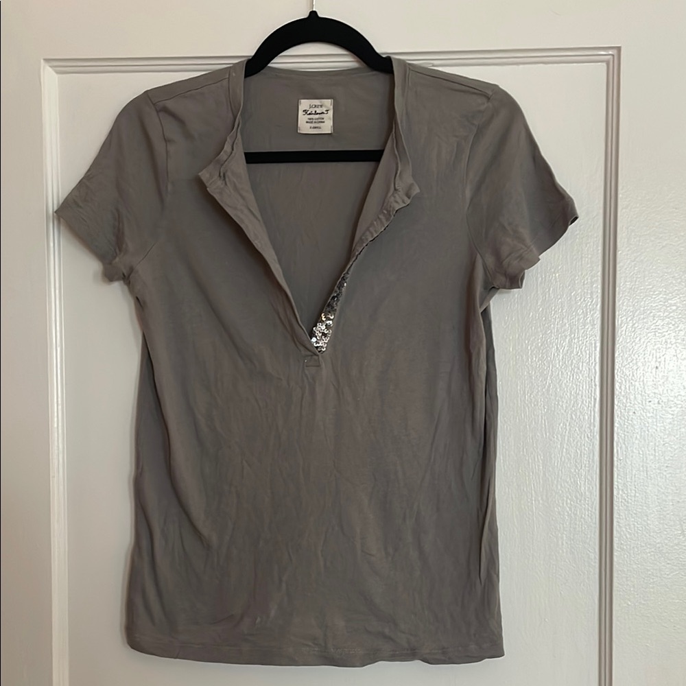 J. Crew Gray Fitted T-Shirt with Sequin Détail